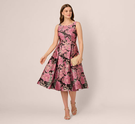 Sleeveless Metallic Floral Jacquard Midi Dress In Black Pink Multi