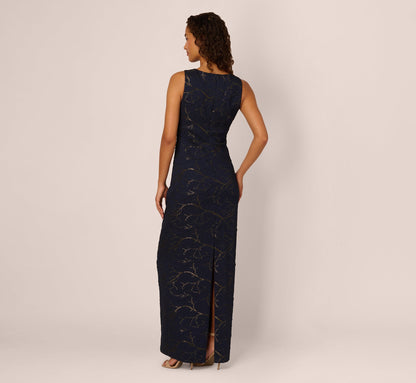 Sleeveless Jacquard Column Gown In Navy