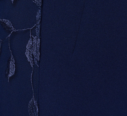 One Shoulder Floral Cape Sleeve Dress In Navy Sateen