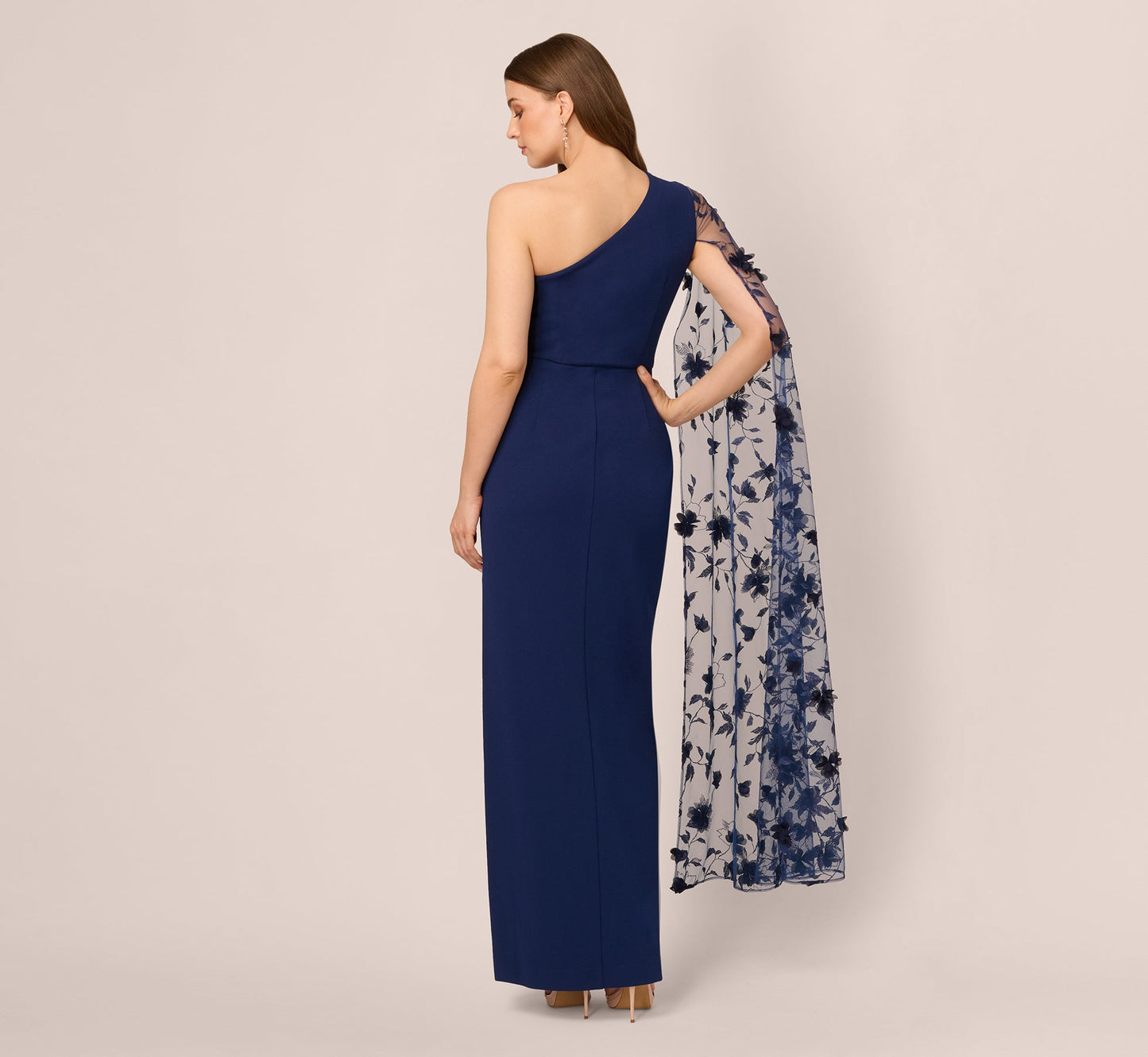 One Shoulder Floral Cape Sleeve Dress In Navy Sateen
