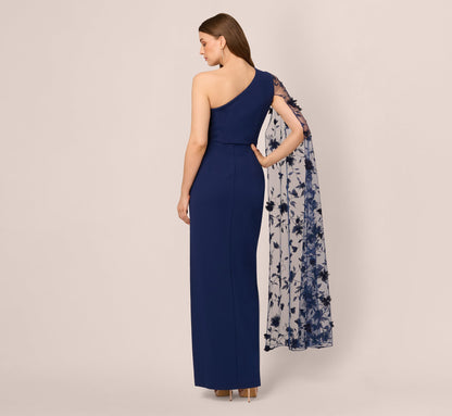One Shoulder Floral Cape Sleeve Dress In Navy Sateen