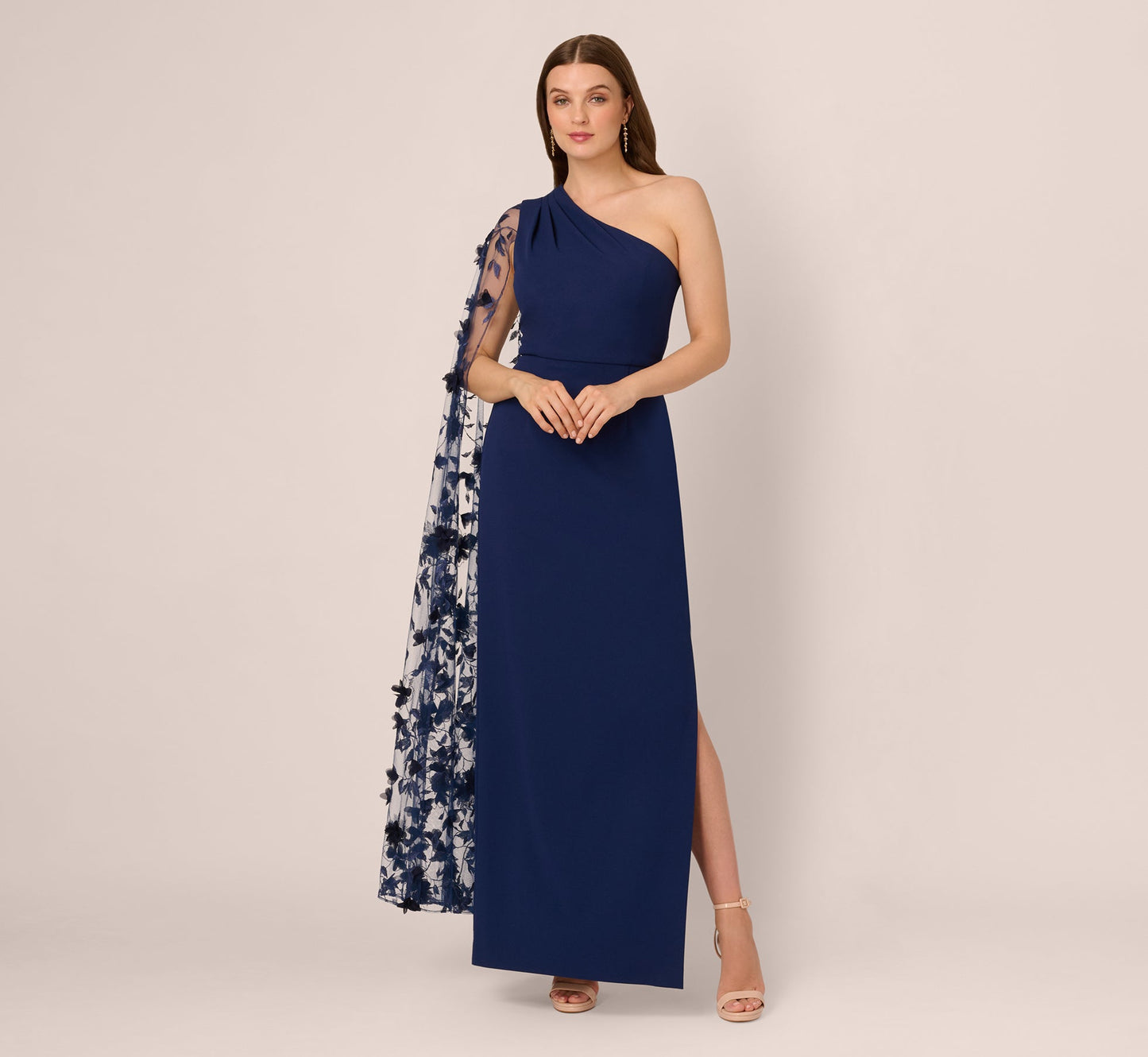 One Shoulder Floral Cape Sleeve Dress In Navy Sateen