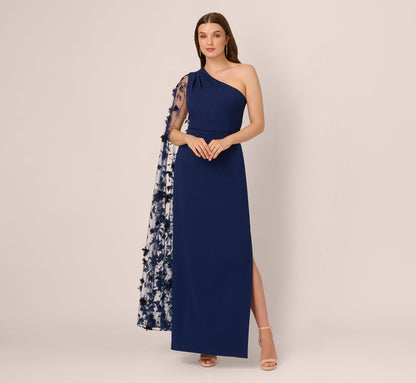 One Shoulder Floral Cape Sleeve Dress In Navy Sateen