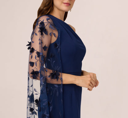 One Shoulder Floral Cape Sleeve Dress In Navy Sateen