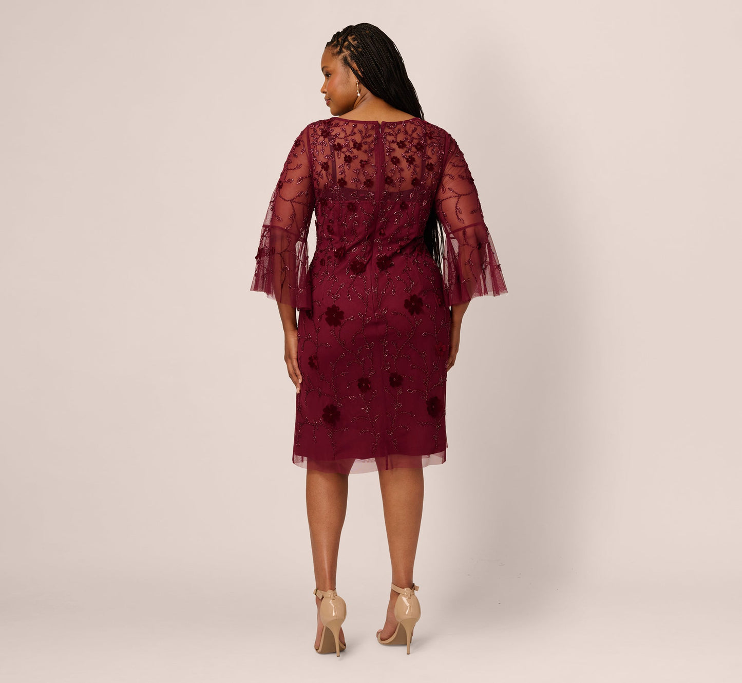 Plus Size Three Quarter Sleeve Velvet Floral Bead Sheath Dress In Mahogany