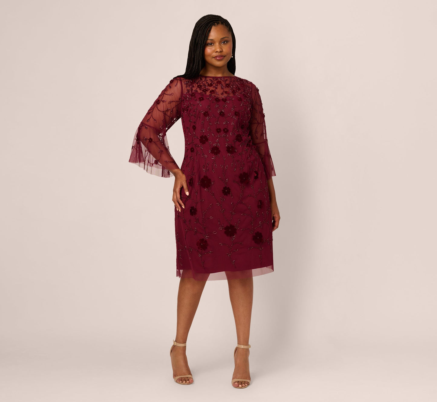 Plus Size Three Quarter Sleeve Velvet Floral Bead Sheath Dress In Mahogany
