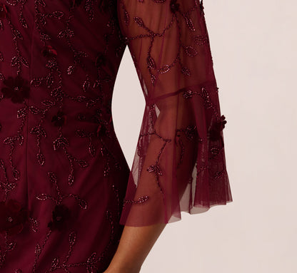 Plus Size Three Quarter Sleeve Velvet Floral Bead Sheath Dress In Mahogany