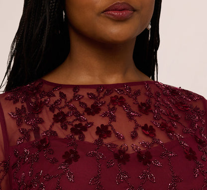 Plus Size Three Quarter Sleeve Velvet Floral Bead Sheath Dress In Mahogany