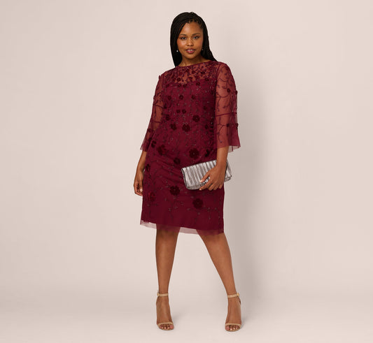 Plus Size Three Quarter Sleeve Velvet Floral Bead Sheath Dress In Mahogany