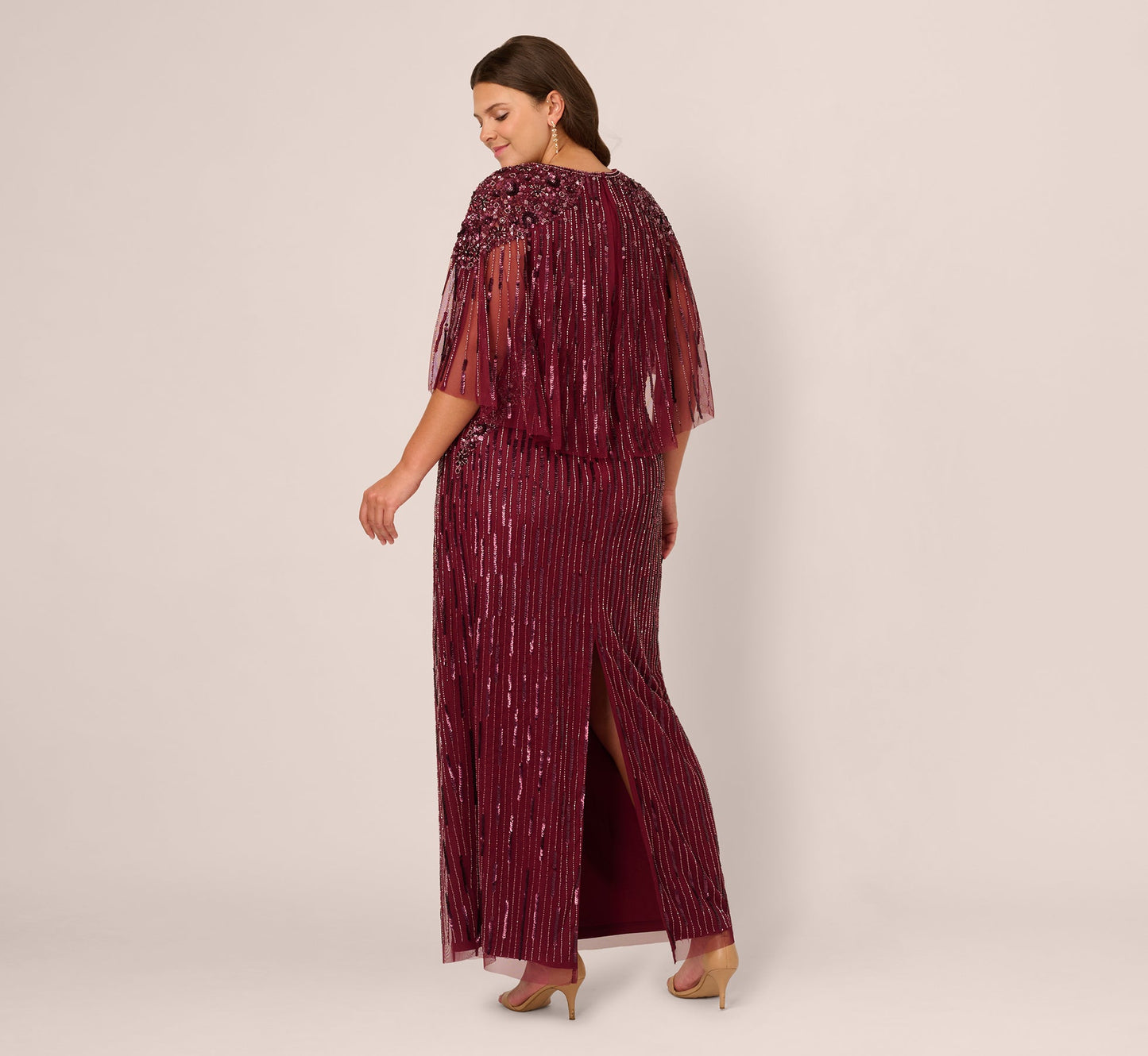 Plus Size Linear Bead Cape Column Gown In Mahogany