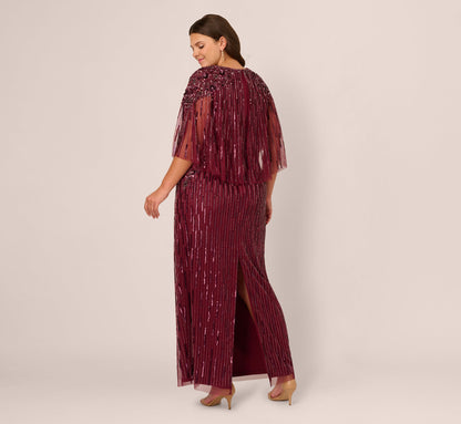 Plus Size Linear Bead Cape Column Gown In Mahogany