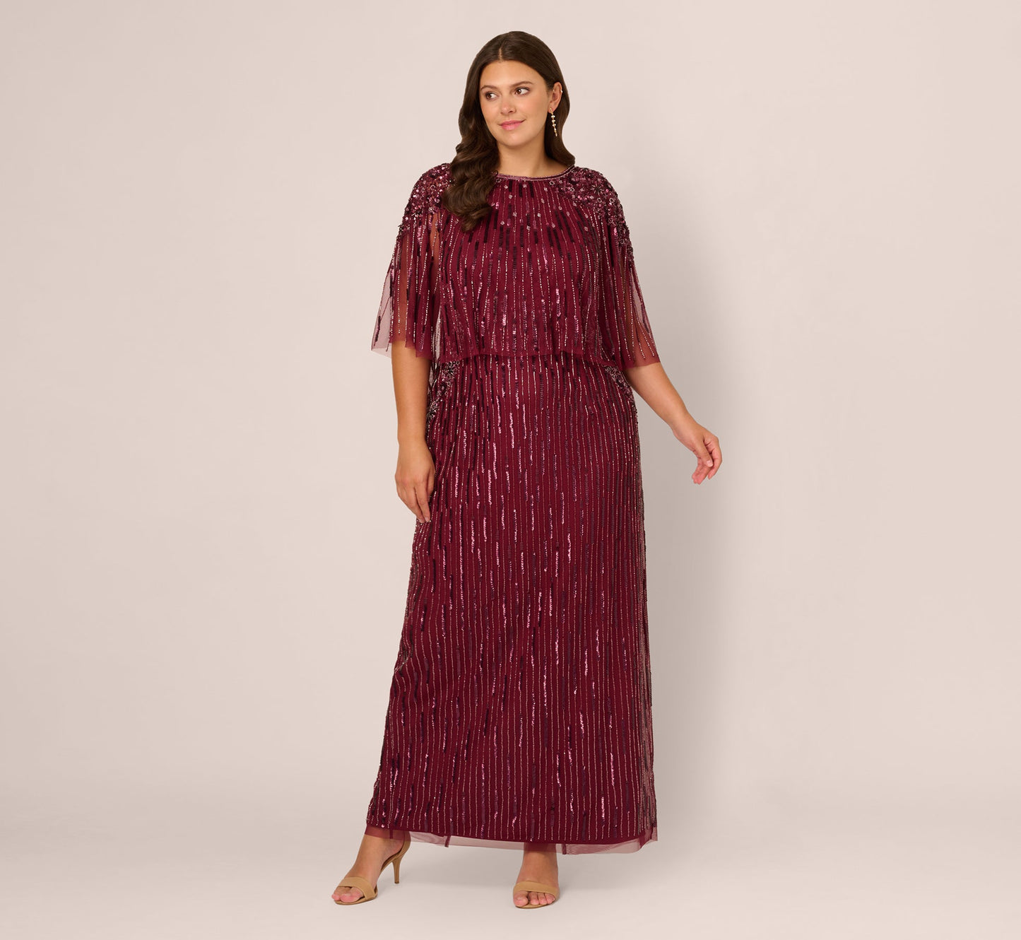 Plus Size Linear Bead Cape Column Gown In Mahogany