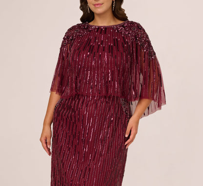 Plus Size Linear Bead Cape Column Gown In Mahogany