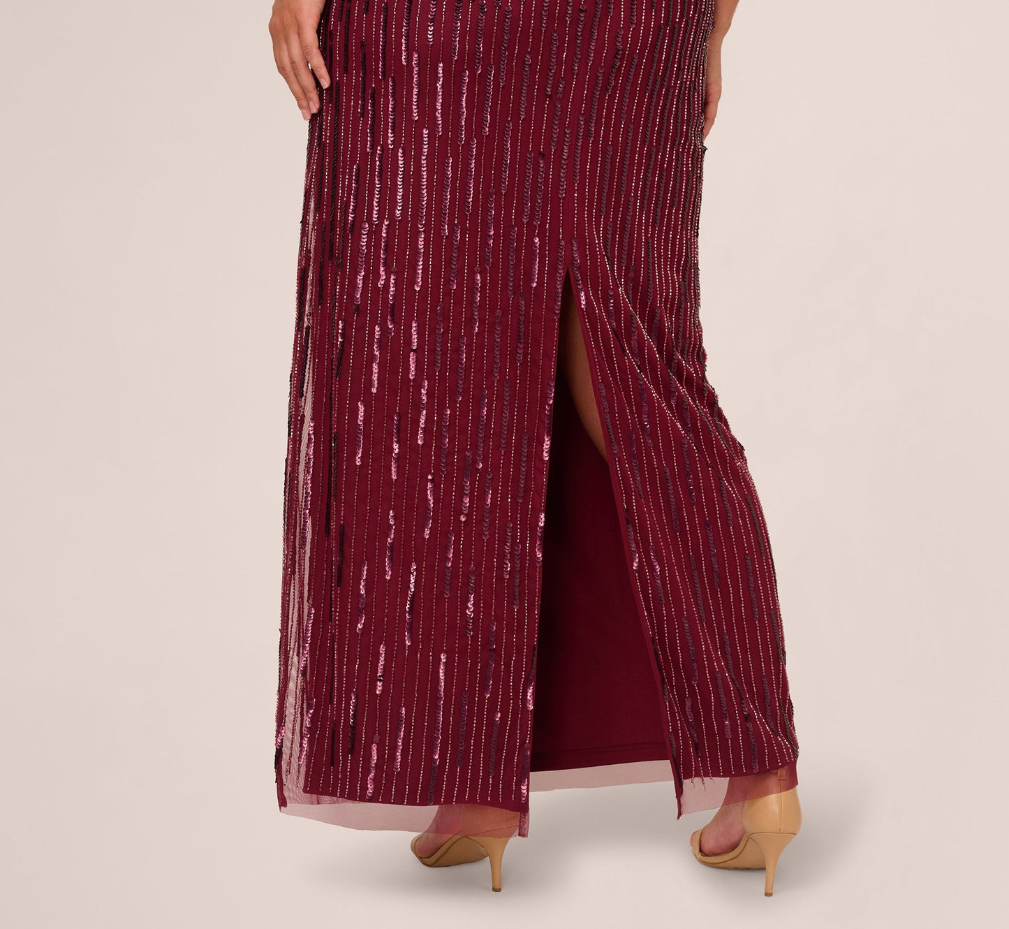 Plus Size Linear Bead Cape Column Gown In Mahogany