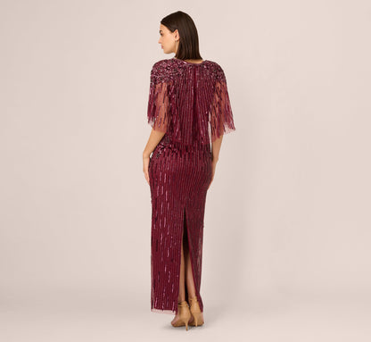 Linear Bead Cape Column Gown In Mahogany