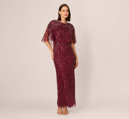 Linear Bead Cape Column Gown In Mahogany