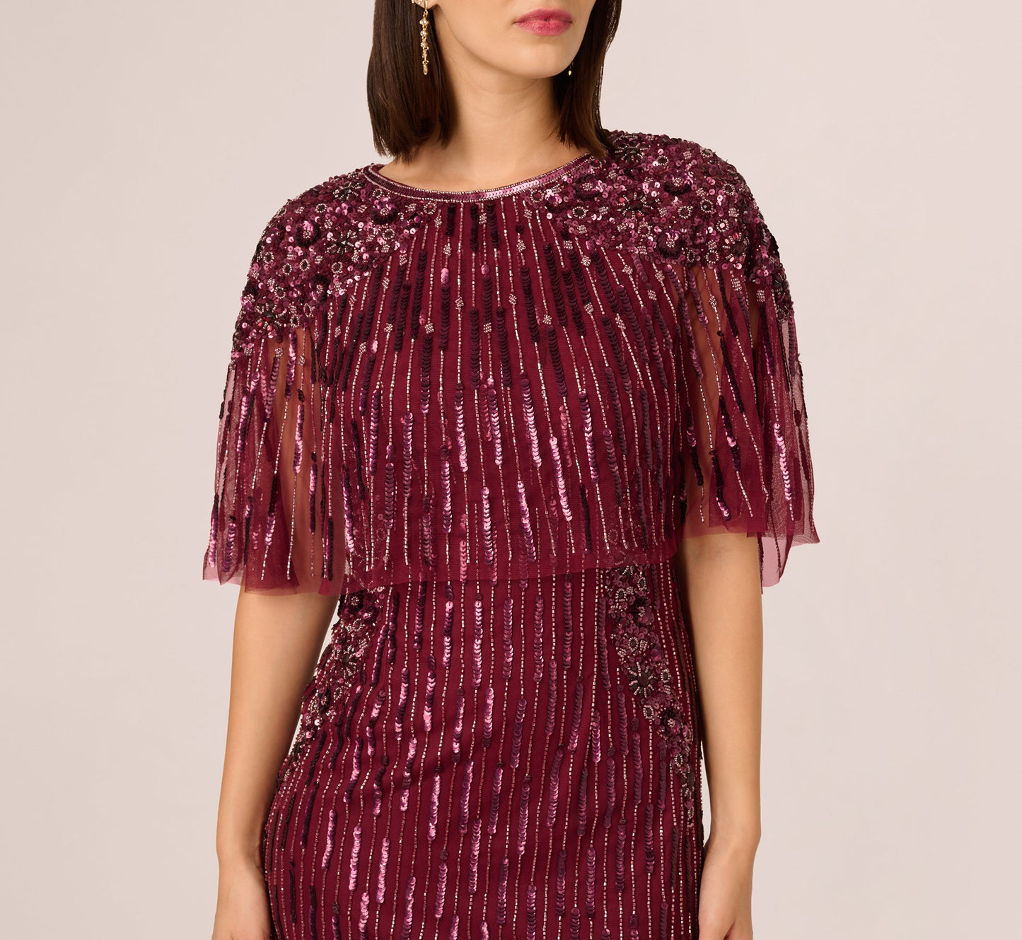 Linear Bead Cape Column Gown In Mahogany