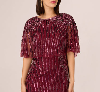 Linear Bead Cape Column Gown In Mahogany