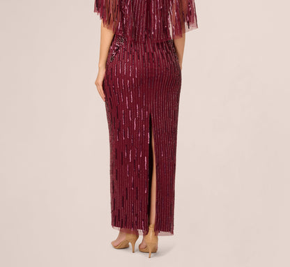 Linear Bead Cape Column Gown In Mahogany
