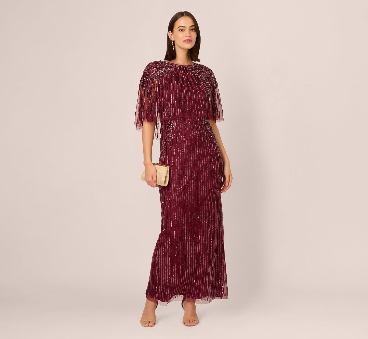 Linear Bead Cape Column Gown In Mahogany