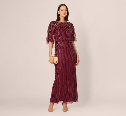 Linear Bead Cape Column Gown In Mahogany