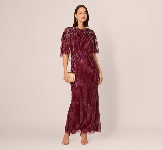 Linear Bead Cape Column Gown In Mahogany