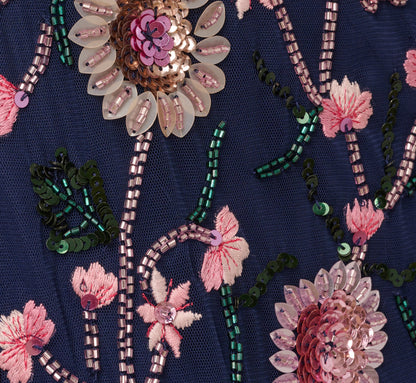 Sleeveless Square Neck Floral Beaded Godet Gown In Navy Pink Multi