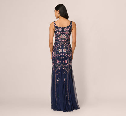 Sleeveless Square Neck Floral Beaded Godet Gown In Navy Pink Multi