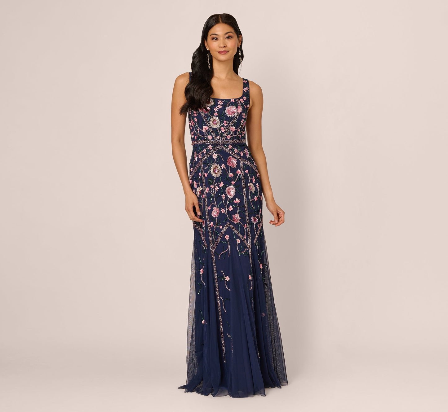 Sleeveless Square Neck Floral Beaded Godet Gown In Navy Pink Multi
