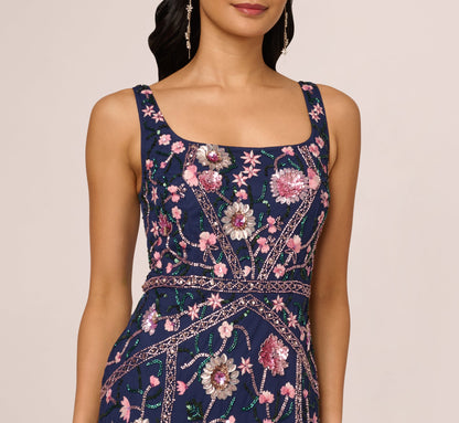 Sleeveless Square Neck Floral Beaded Godet Gown In Navy Pink Multi