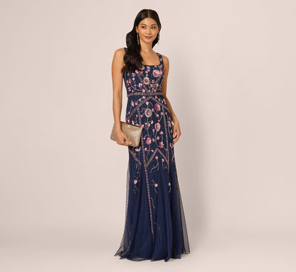Sleeveless Square Neck Floral Beaded Godet Gown In Navy Pink Multi