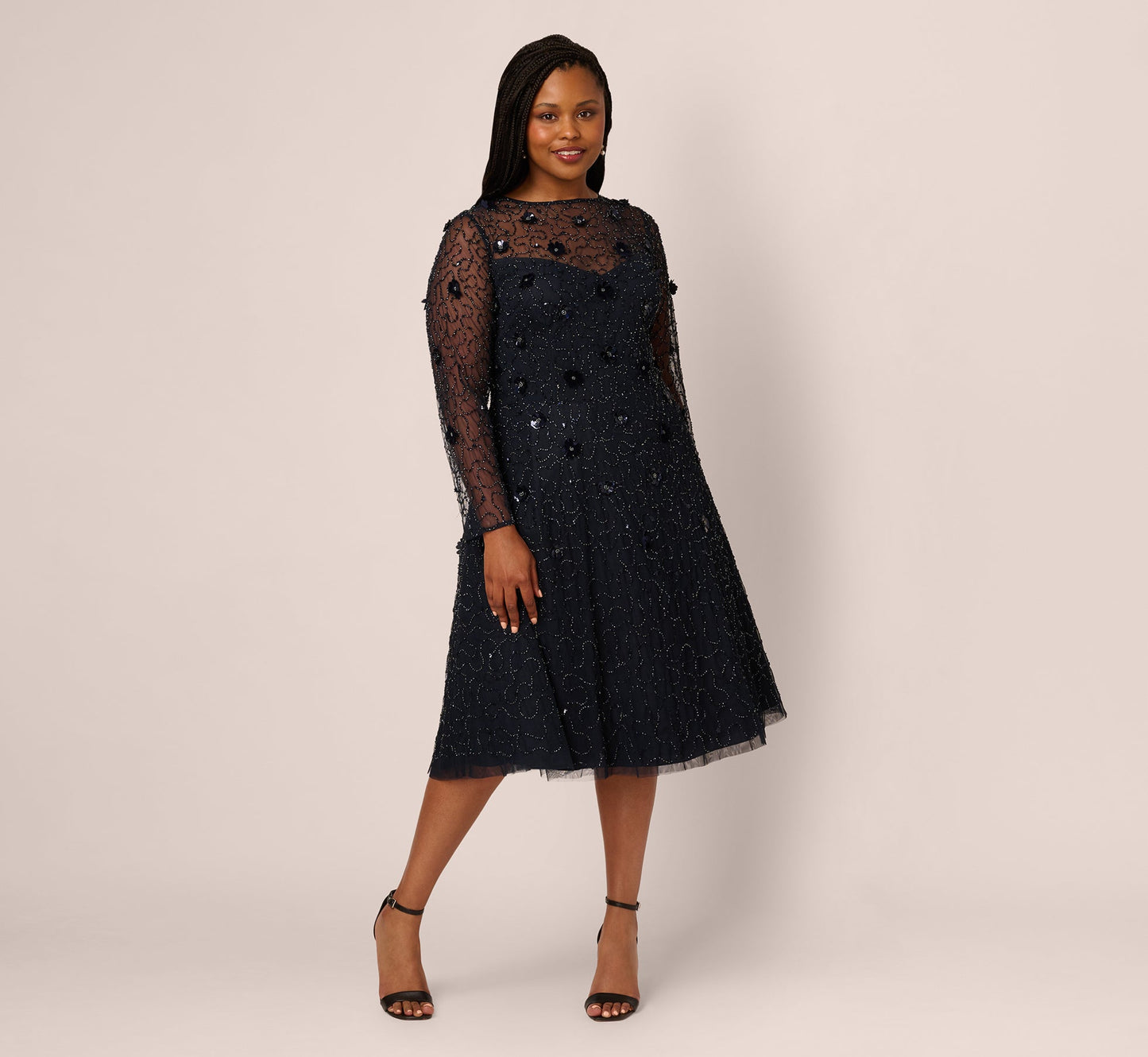 Plus Size Long Sleeve Illusion Floral Beaded Midi Dress In Midnight