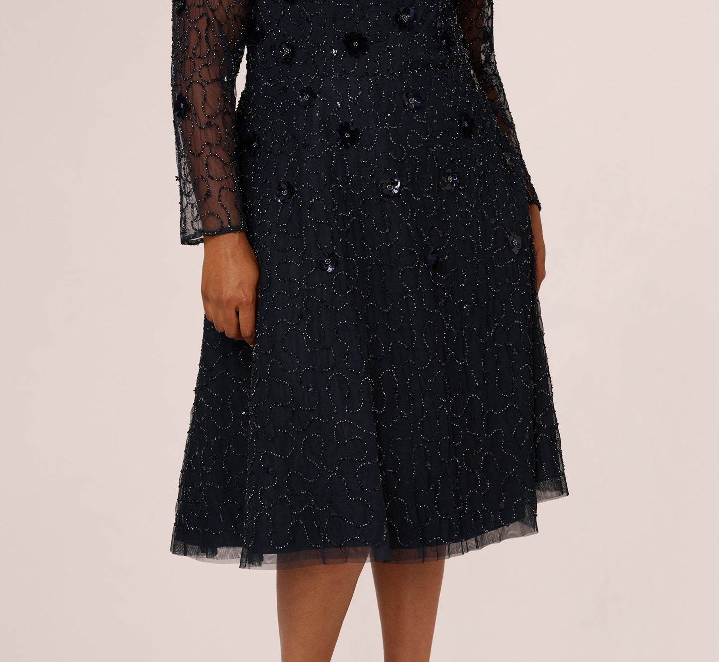 Plus Size Long Sleeve Illusion Floral Beaded Midi Dress In Midnight