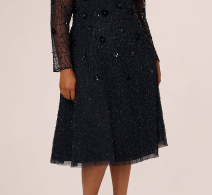 Plus Size Long Sleeve Illusion Floral Beaded Midi Dress In Midnight