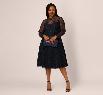 Plus Size Long Sleeve Illusion Floral Beaded Midi Dress In Midnight