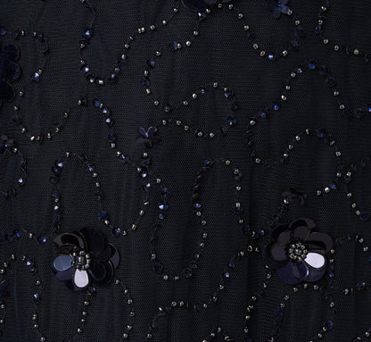 Long Sleeve Illusion Floral Beaded Midi Dress In Midnight