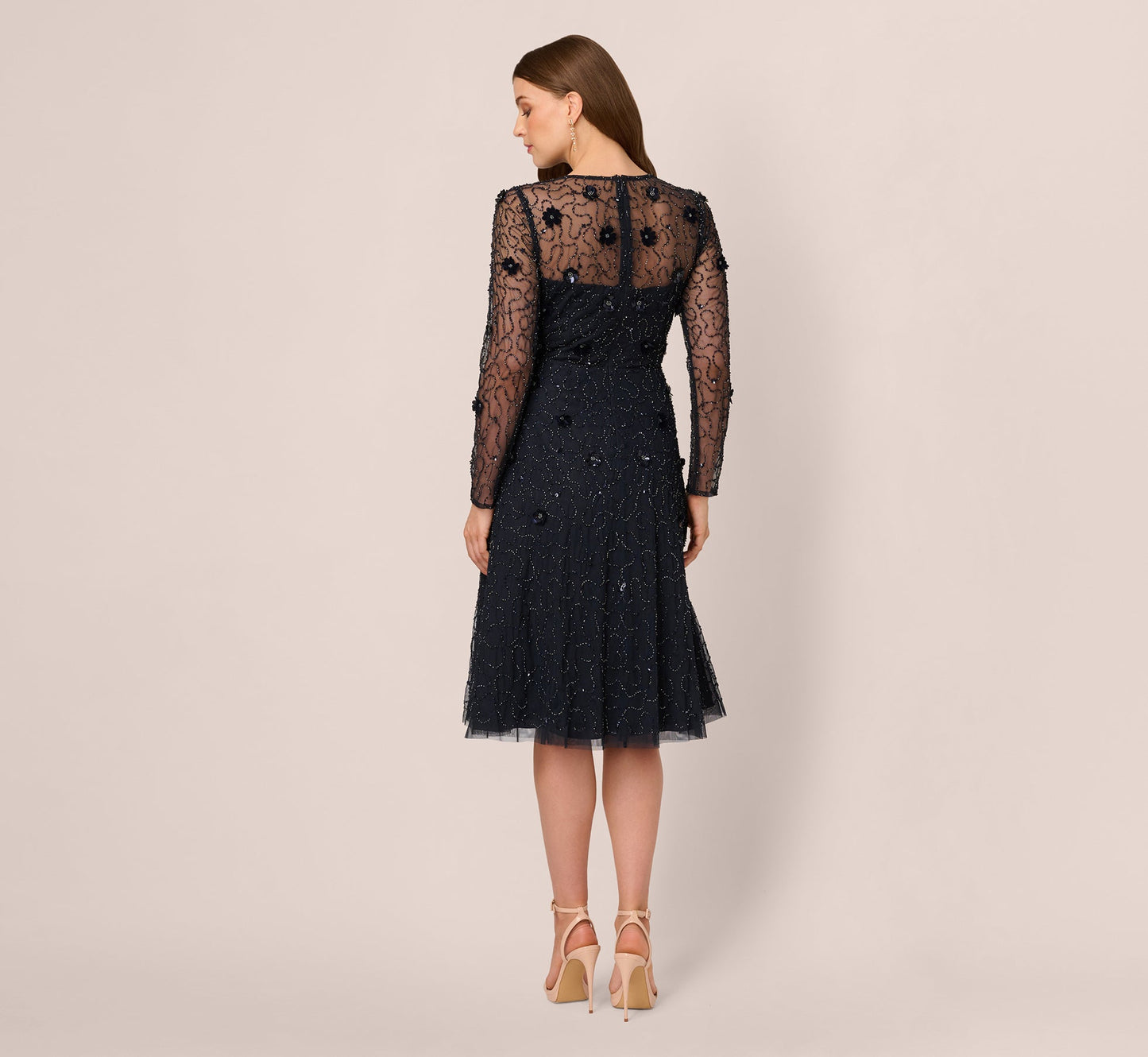 Long Sleeve Illusion Floral Beaded Midi Dress In Midnight
