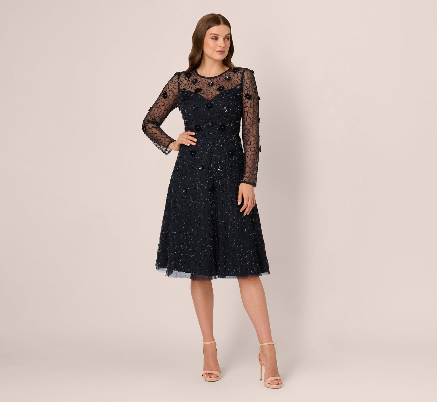Long Sleeve Illusion Floral Beaded Midi Dress In Midnight
