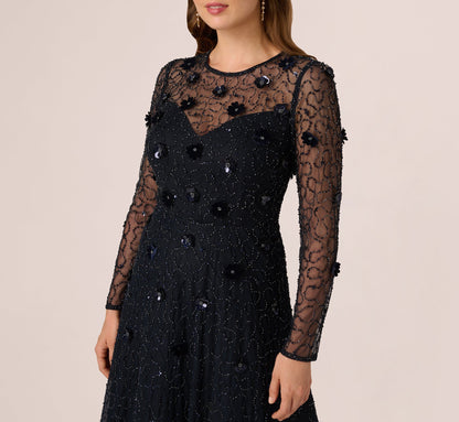 Long Sleeve Illusion Floral Beaded Midi Dress In Midnight
