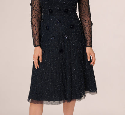 Long Sleeve Illusion Floral Beaded Midi Dress In Midnight