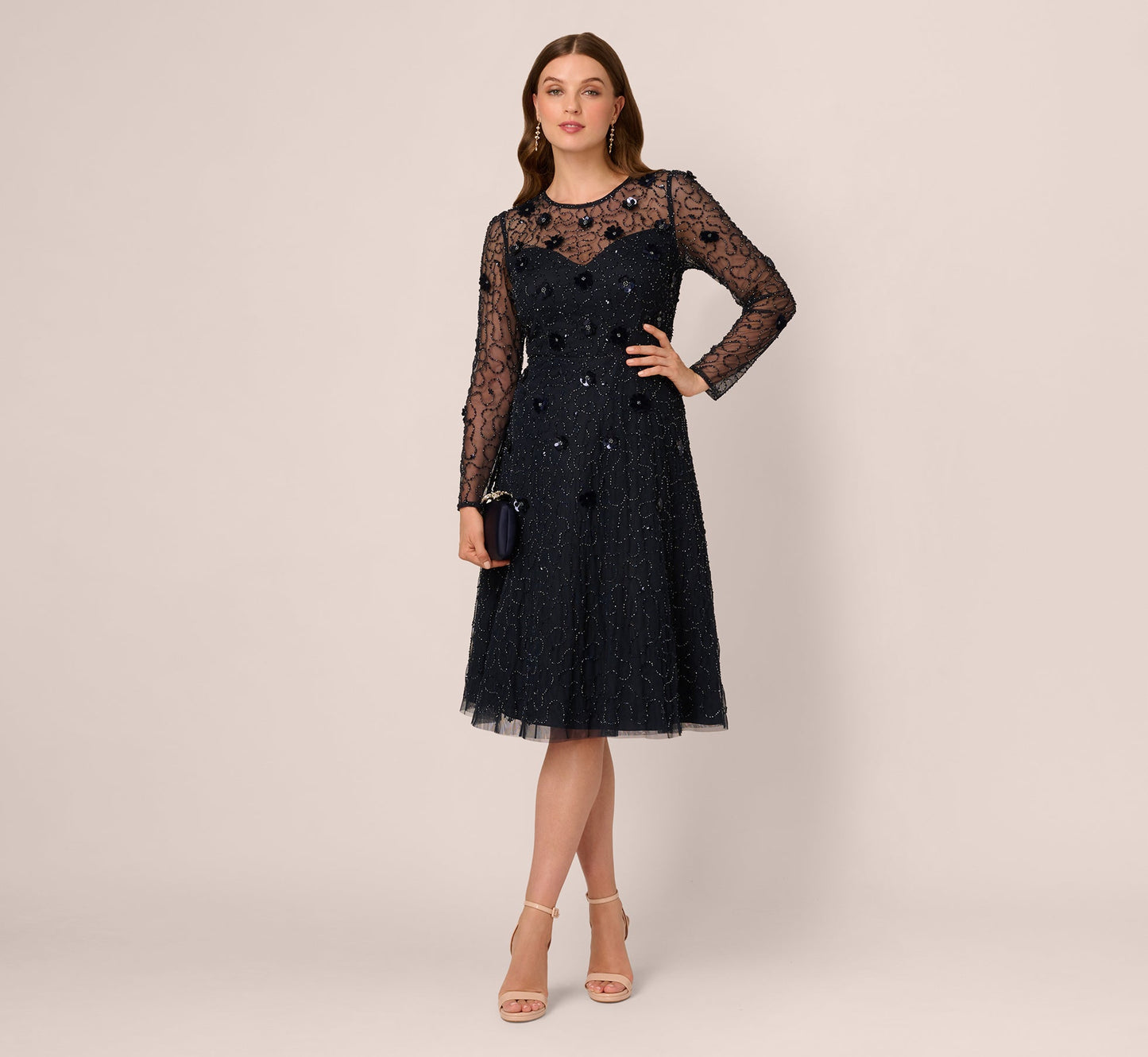 Long Sleeve Illusion Floral Beaded Midi Dress In Midnight