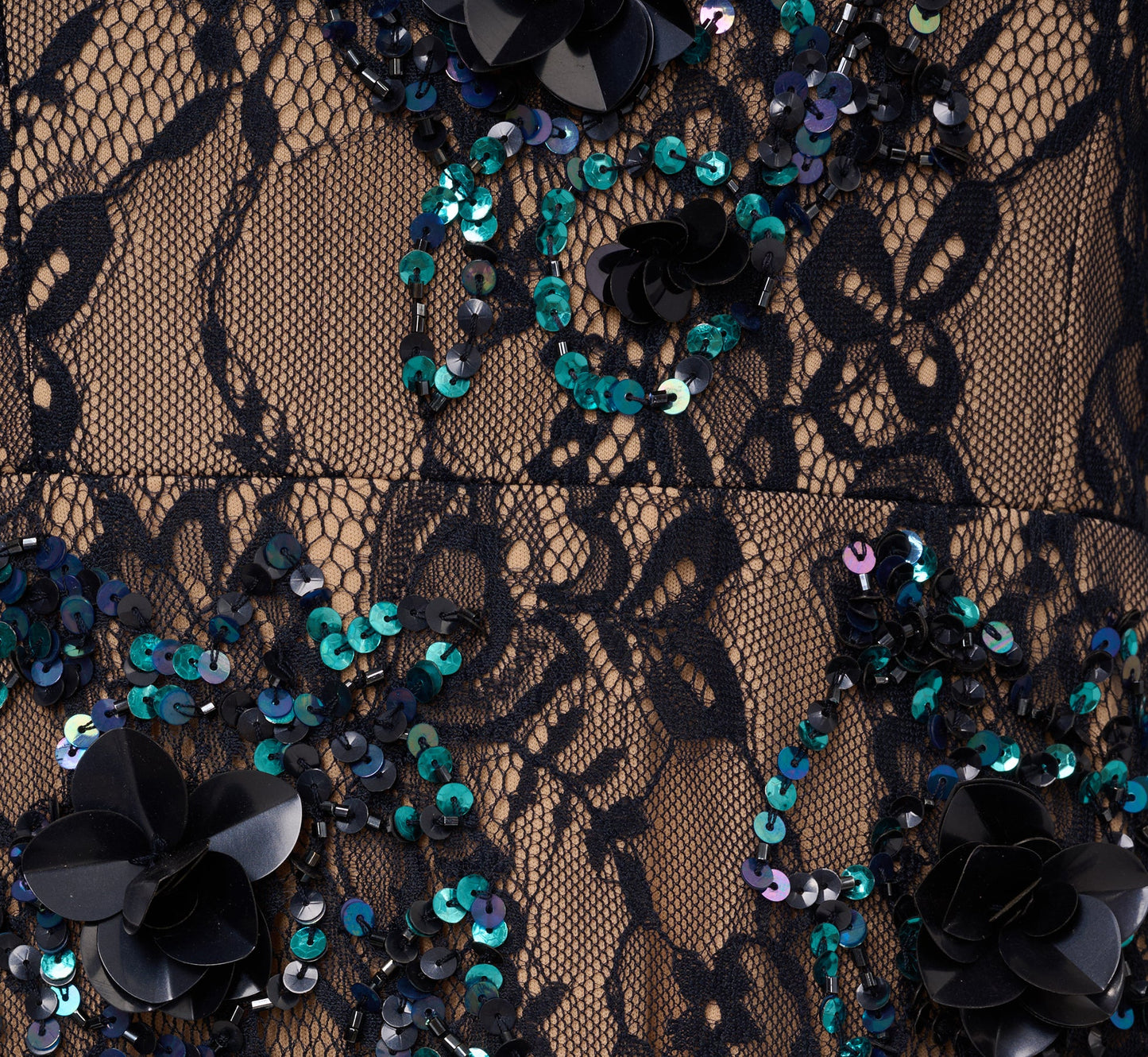Sleeveless Sequin Floral Lace Gown In Midnight Multi Nude