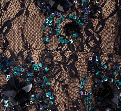 Sleeveless Sequin Floral Lace Gown In Midnight Multi Nude