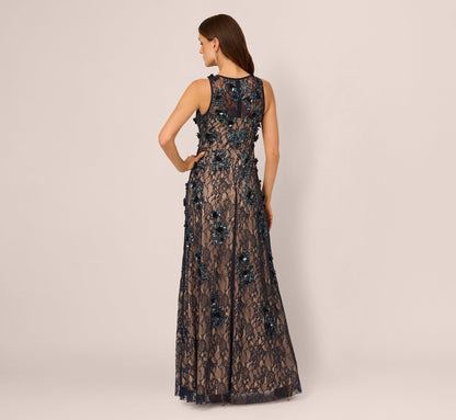 Sleeveless Sequin Floral Lace Gown In Midnight Multi Nude
