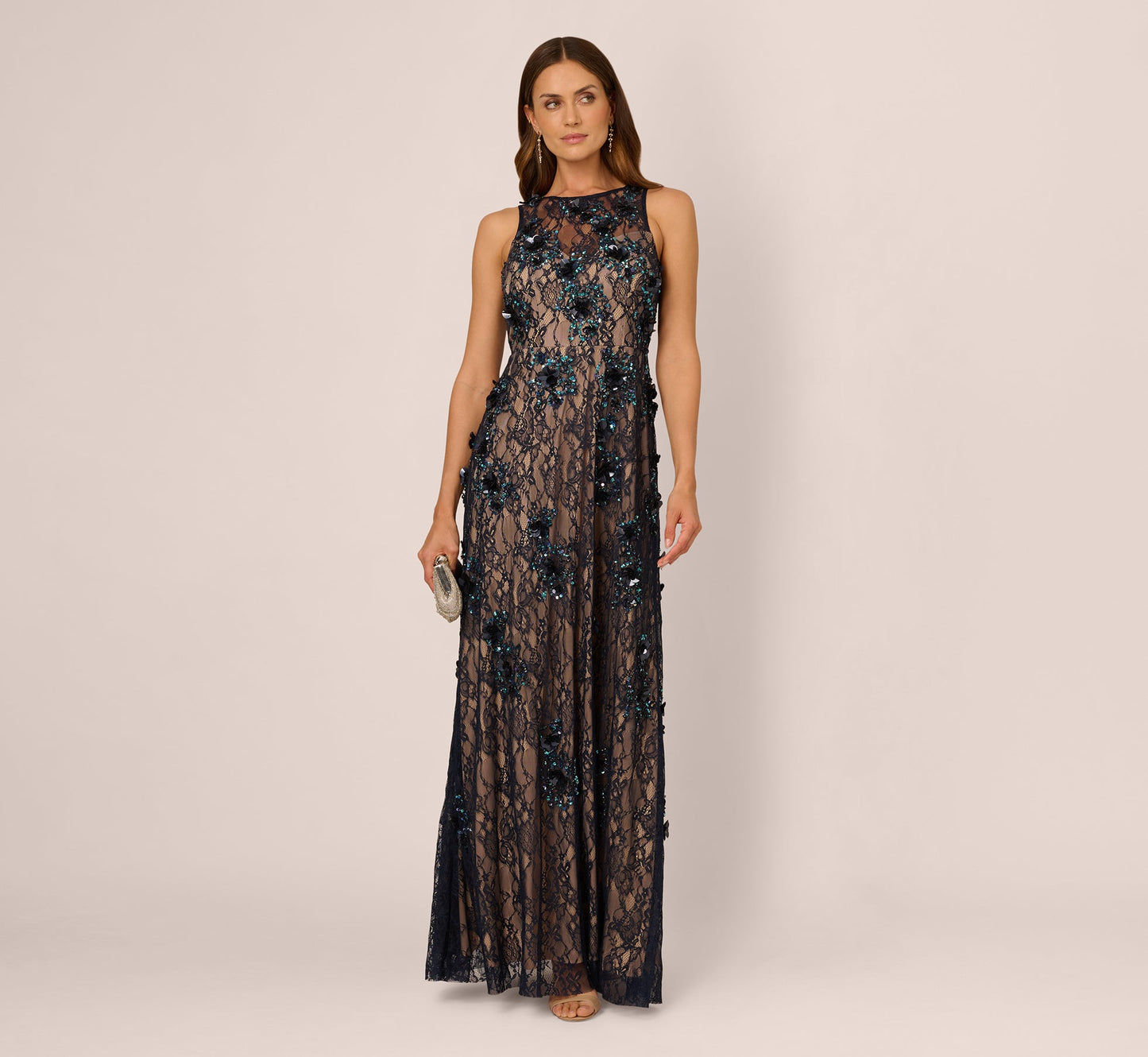 Sleeveless Sequin Floral Lace Gown In Midnight Multi Nude