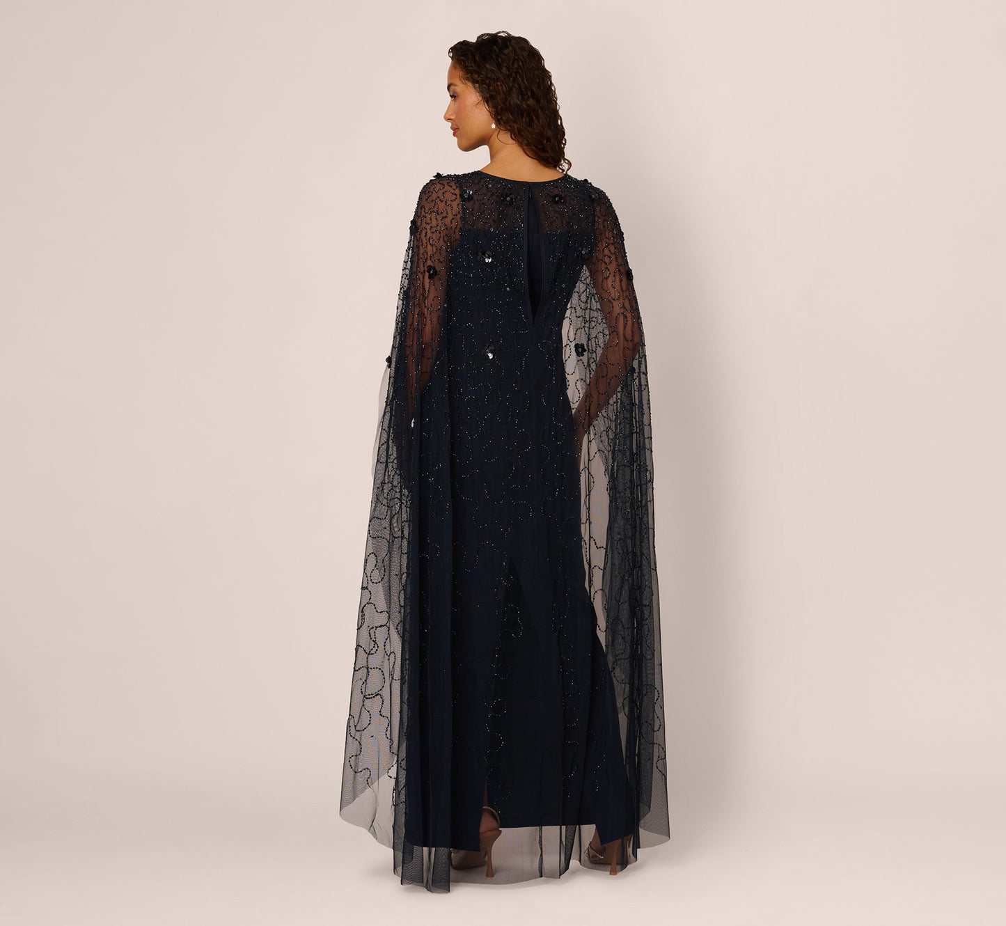 Floral Beaded Cape Gown In Midnight