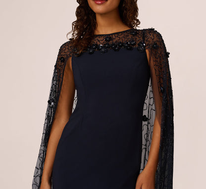 Floral Beaded Cape Gown In Midnight