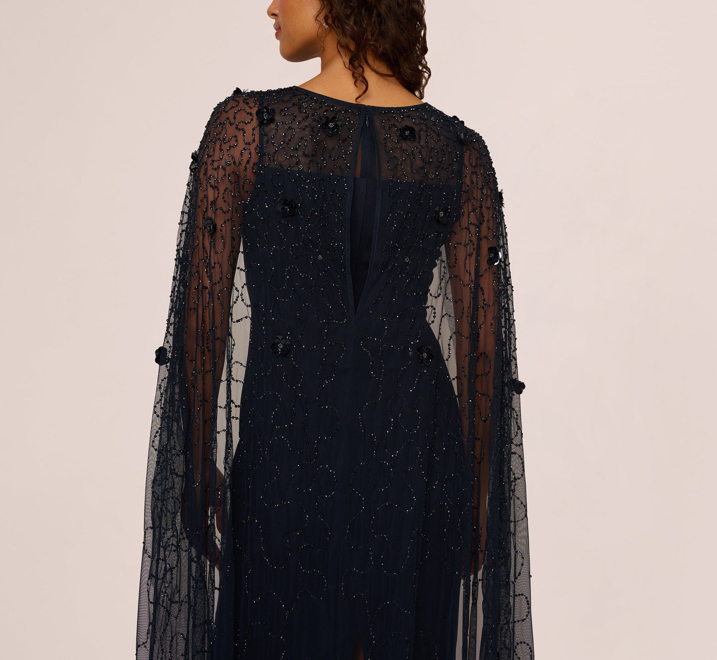 Floral Beaded Cape Gown In Midnight