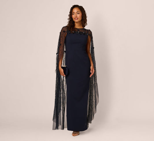 Floral Beaded Cape Gown In Midnight