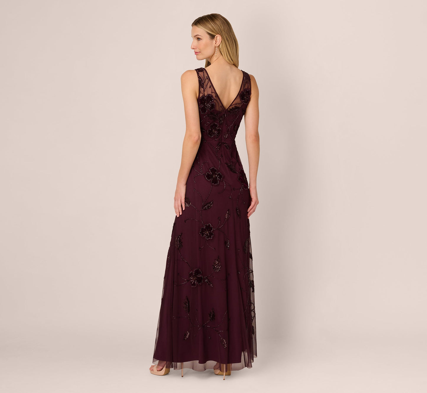 Sleeveless Velvet Beaded Floral Gown In Night Plum